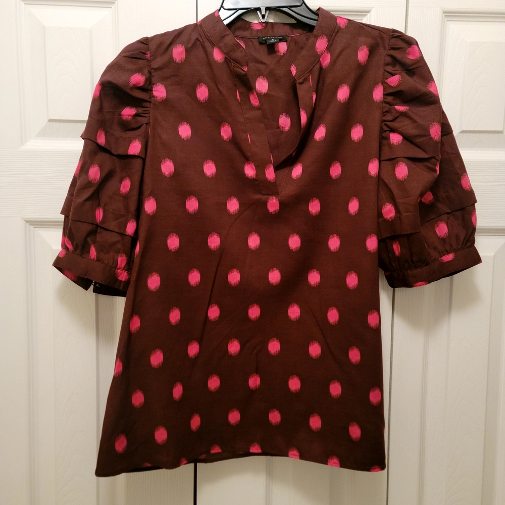Ann Taylor Brown and Pink Polka Dot Women's Top, Split Neck, Bubble Sleeve, NWOT